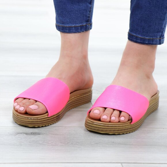 Neon Pink Faux Leather Slip On Comfort Sandal - Picture 13 of 13